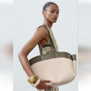 NWT Zara Contrast Shopping Bag Oversized Tote Ivory Cream Beige Dark Olive Green